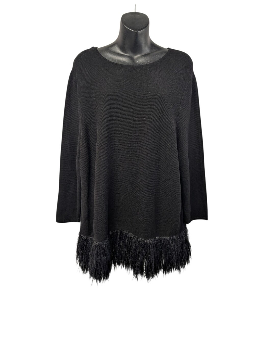 NIC+ZOE Women's Black Solid Knit Round Neck 3/4 Sleeve Fur Fringe Pullover XL